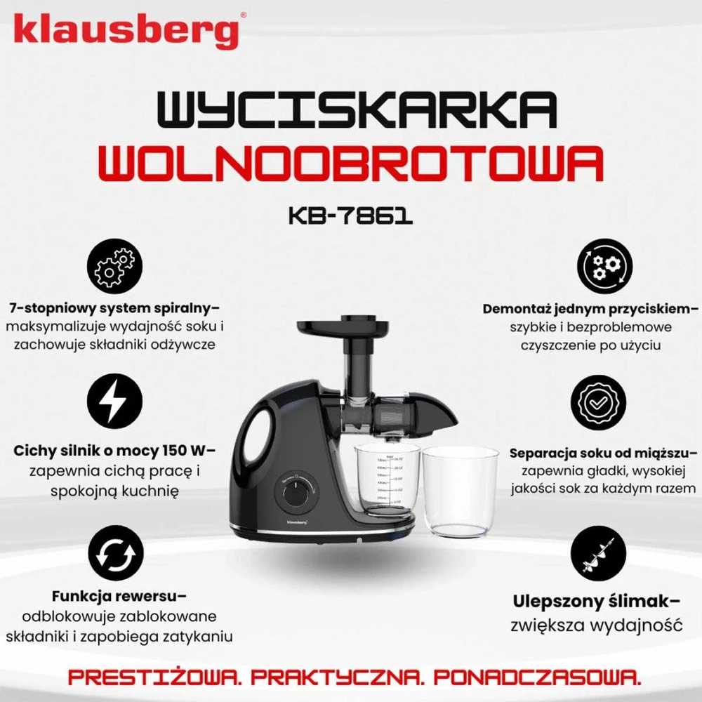Sulčiaspaudė Lėta sulčiaspaudė vaisiams ir daržovėms, horizontali su rankena, 150 W, juoda, Klausberg, kb-7861