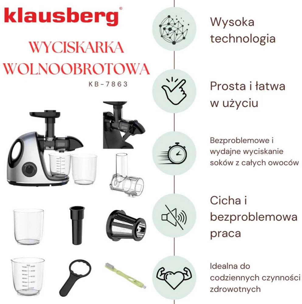 Sulčiaspaudė Lėta sulčiaspaudė vaisiams ir daržovėms, horizontali su rankena, 150 W, pilka, Klausberg, kb-7863