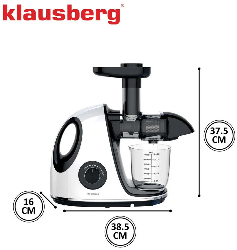 Sulčiaspaudė Lėtaeigė sulčiaspaudė vaisiams ir daržovėms, horizontali su rankena, 150 W, balta, Klausberg, kb-7864