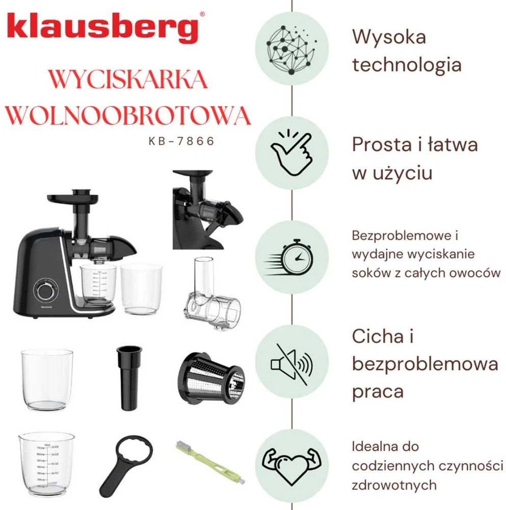 Sulčiaspaudė Lėtaeigė sulčiaspaudė vaisiams ir daržovėms, horizontali, juoda su sidabro elementais, 150 W, Klausberg, kb-7866