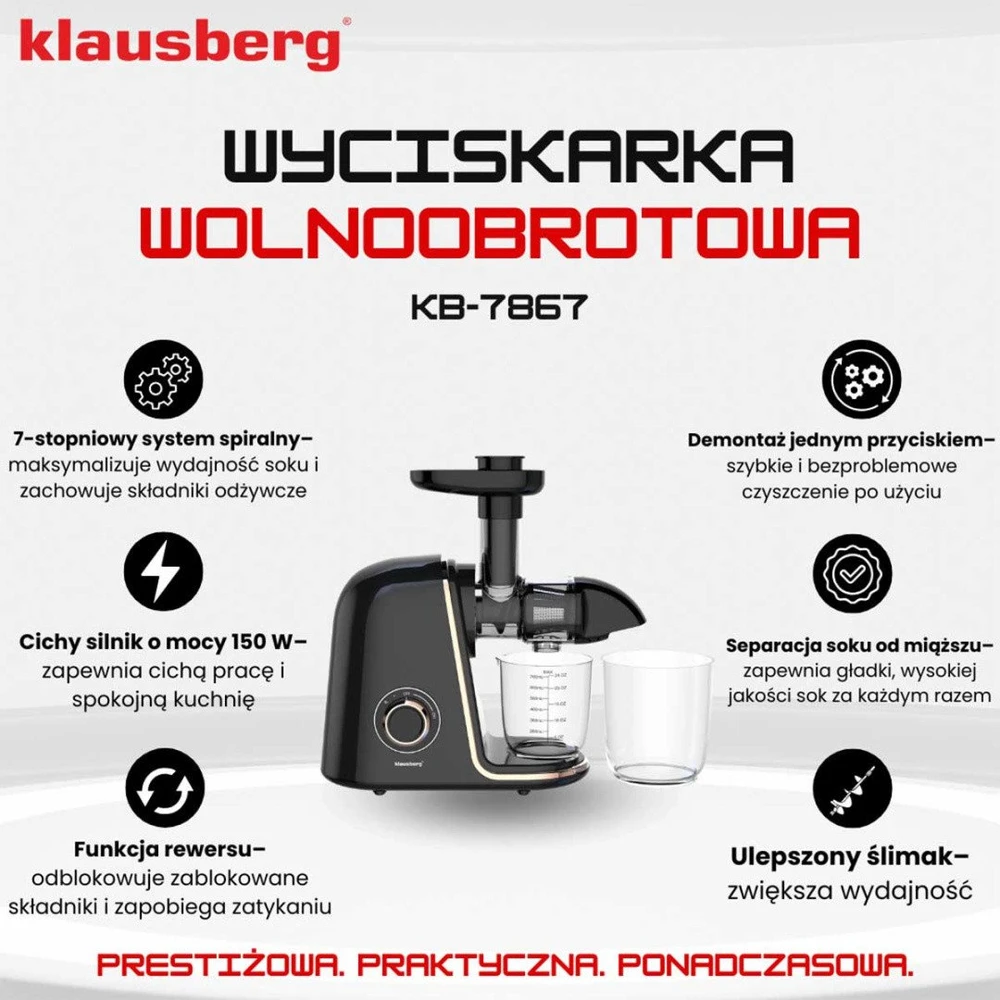 Sulčiaspaudė Lėtaeigė sulčiaspaudė vaisiams ir daržovėms, horizontali, juoda su rožinio aukso elementais, 150 W, Klausberg, kb-7867