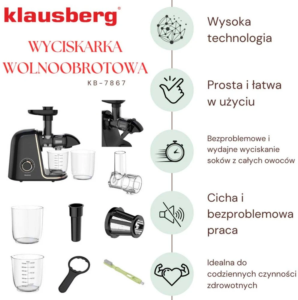 Sulčiaspaudė Lėtaeigė sulčiaspaudė vaisiams ir daržovėms, horizontali, juoda su rožinio aukso elementais, 150 W, Klausberg, kb-7867