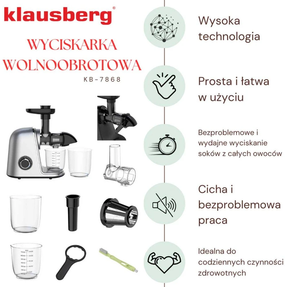 Sulčiaspaudė Lėtaeigė sulčiaspaudė vaisiams ir daržovėms, horizontali, pilka, 150 W, Klausberg, kb-7868