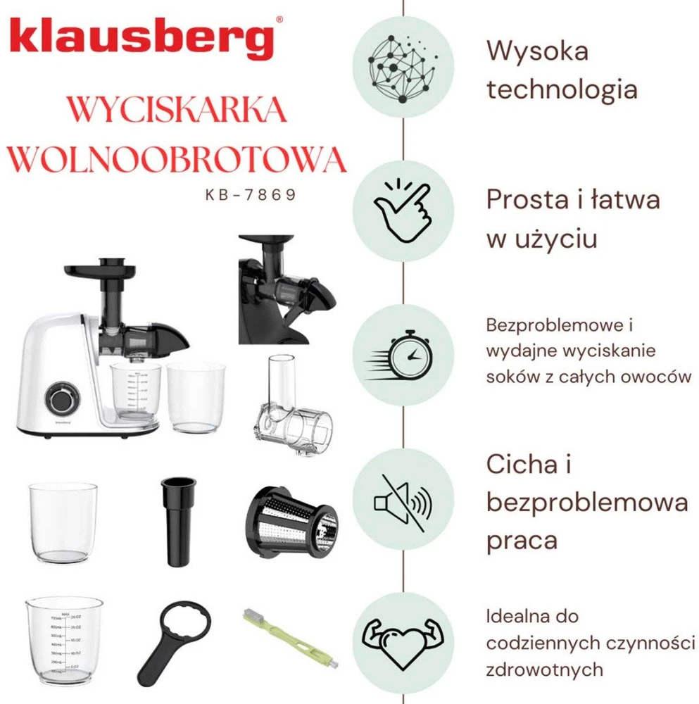 Sulčiaspaudė Lėtaeigė sulčiaspaudė vaisiams ir daržovėms, horizontali, balta, 150 W, Klausberg KB-7869
