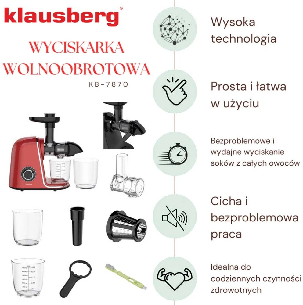 Sulčiaspaudė Lėtaeigė sulčiaspaudė vaisiams ir daržovėms, horizontali, vyšninės raudonos spalvos, 150 W, klausberg KB-7870