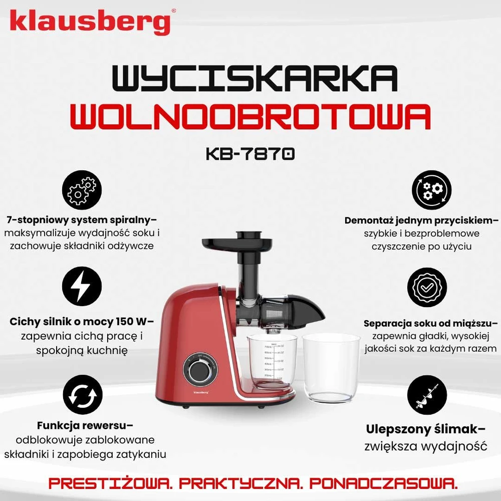 Sulčiaspaudė Lėtaeigė sulčiaspaudė vaisiams ir daržovėms, horizontali, vyšninės raudonos spalvos, 150 W, klausberg KB-7870