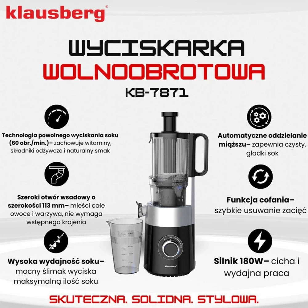 Sulčiaspaudė Lėtaeigė sulčiaspaudė vaisiams ir daržovėms, vertikali, juoda, 180 W, Klausberg, kb-7871