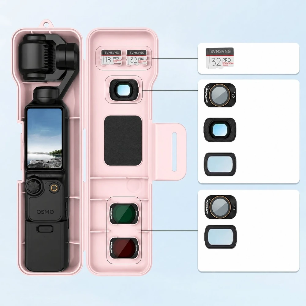 SunnyLife Dėklas apsauginis Hard Case skirtas Dji Osmo Pocket 4 / 3 + vieta filtrams kortelėms / Op4-k170-p / rausvas (SB12314)