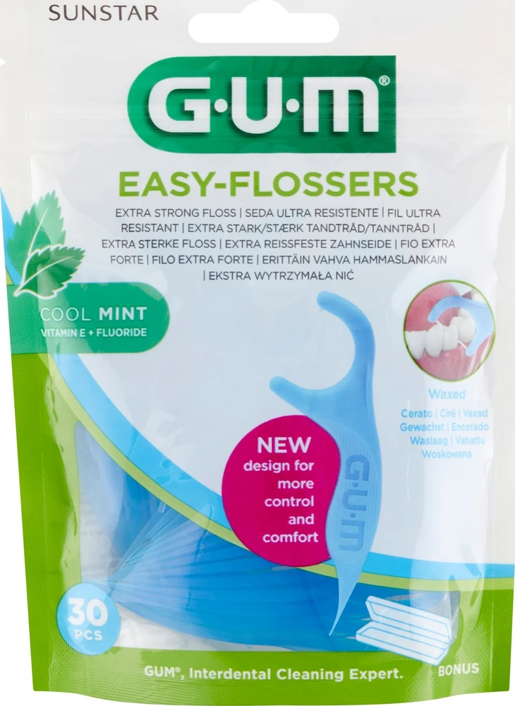 GUM Sunstar Easy Flossers Cool Mint Vit-E Fluor tarpdančių valymo priemonė 30 vienetų