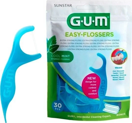 GUM Sunstar Easy Flossers Cool Mint Vit-E Fluor tarpdančių valymo priemonė 30 vienetų