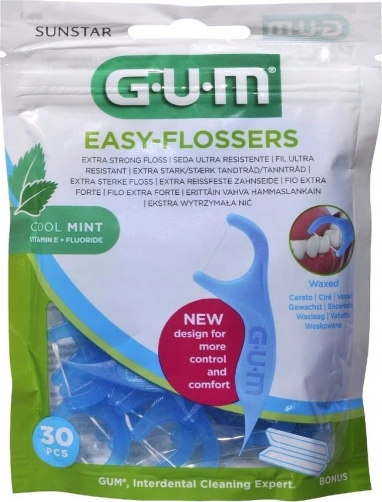 GUM Sunstar Easy Flossers Cool Mint Vit-E Fluor tarpdančių valymo priemonė 30 vienetų