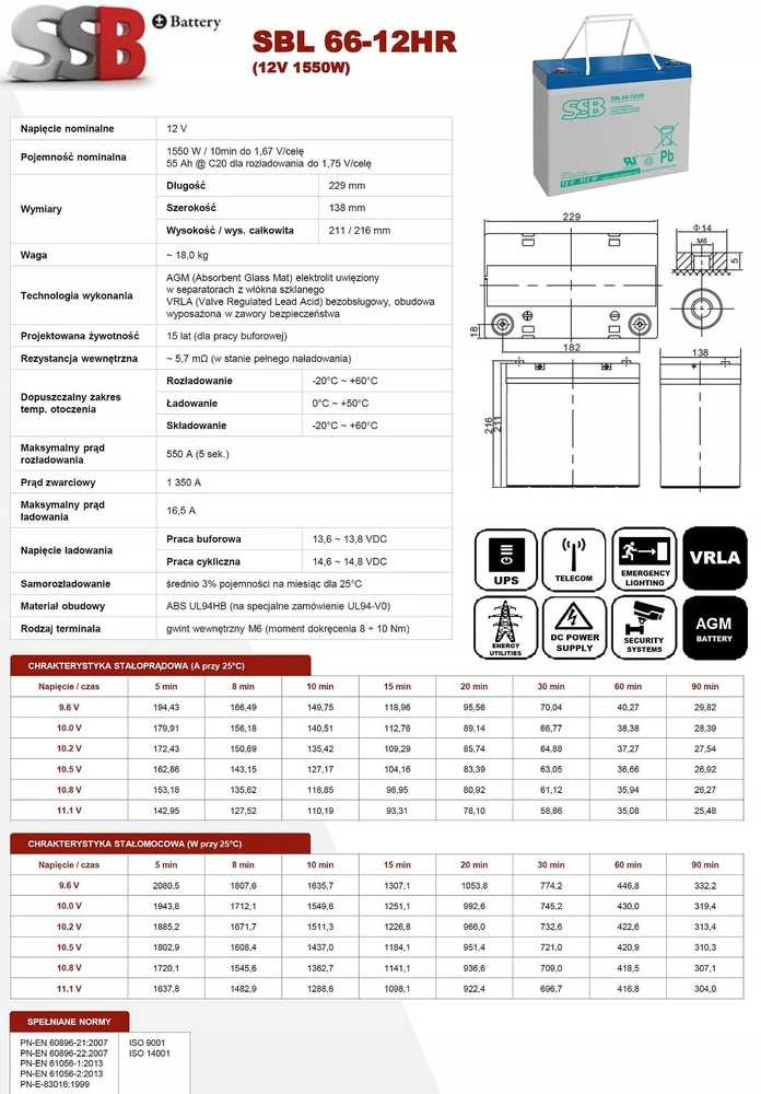 Super Benek SSB AGM SBL66-12HR 12V 55Ah M6 maitinimo akumuliatorius