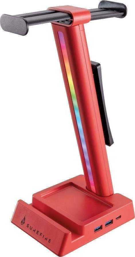 Raudonas RGB ausinių stovas su USB šakotuvu