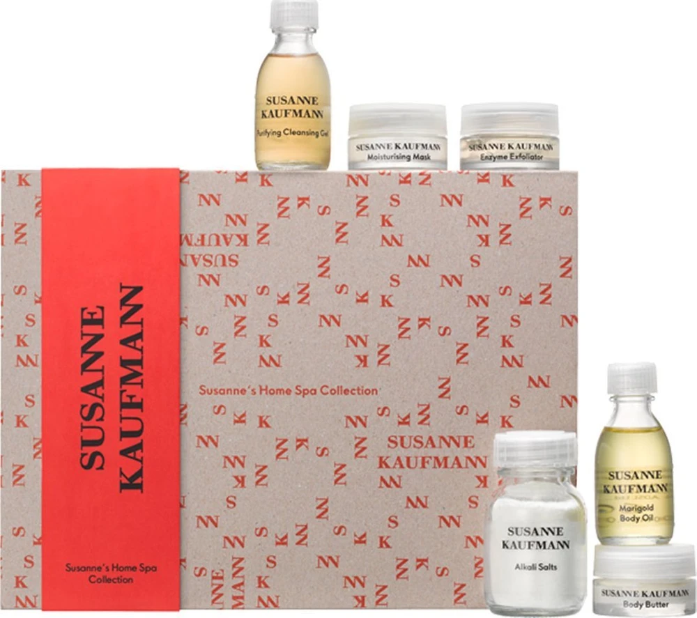 „Susanne's Home Spa Collection“ rinkinys Susanne Kaufmann: veido valikliai, valomasis veido gelis be parabenų, 30 ml + kūno losjonai ir kremai, valomasis kūno sviestas be sulfatų, dieninis, 15 ml + veido kaukės ir šveitikliai, šveičiamasis valiklis su fermentais, 15 ml +