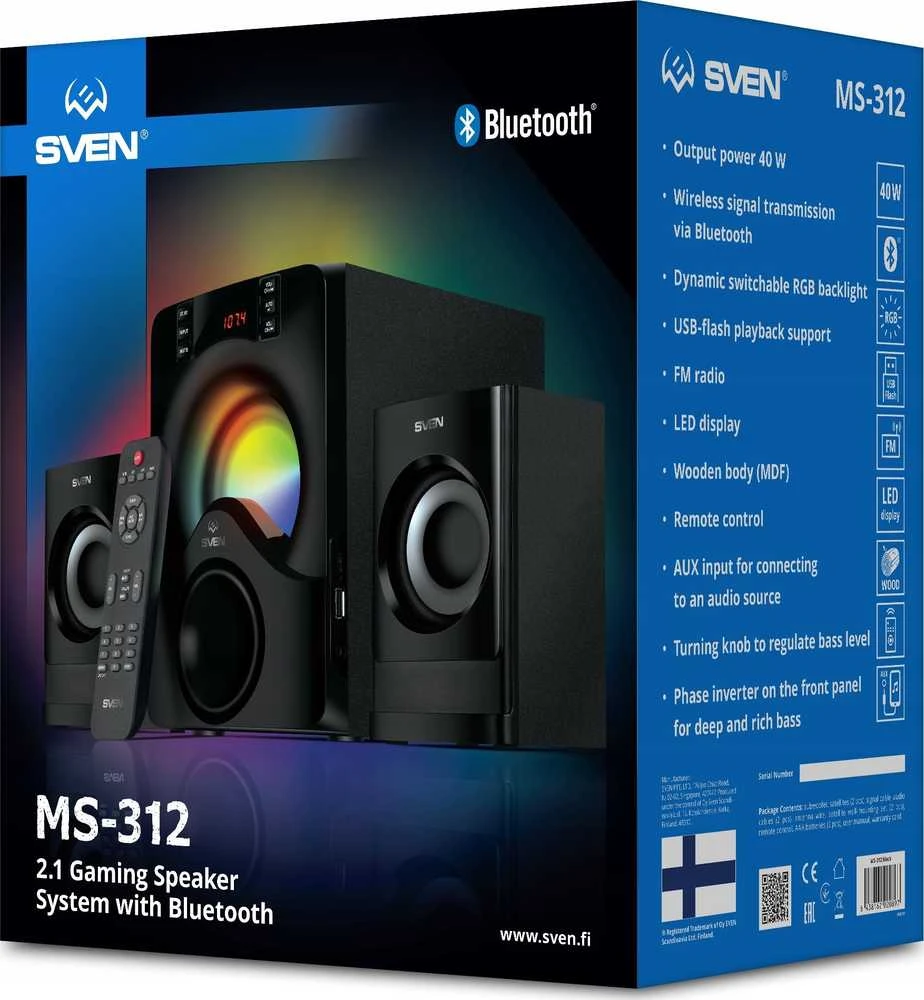 Kompiuterio kolonėlės 2.1 kolonėlės SVEN MS-312, juodas, Bluetooth, FM, USB, Ekranas, RC blokas, galia 20W+2x10W (RMS)