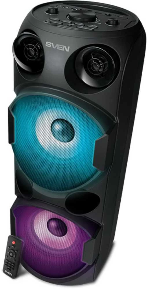 SVEN PS-750 2x40W; LED ekranai; TWS; FM radijas; AUX; USB/SD kortelės palaikymas;Apšvietimas; Mikrofono įvestis (karaoke); Nuotolinio valdymo pultas; Integruotas ekvalaizeris