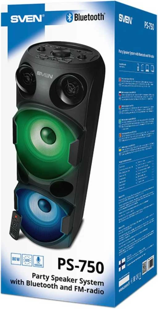 SVEN PS-750 2x40W; LED ekranai; TWS; FM radijas; AUX; USB/SD kortelės palaikymas;Apšvietimas; Mikrofono įvestis (karaoke); Nuotolinio valdymo pultas; Integruotas ekvalaizeris