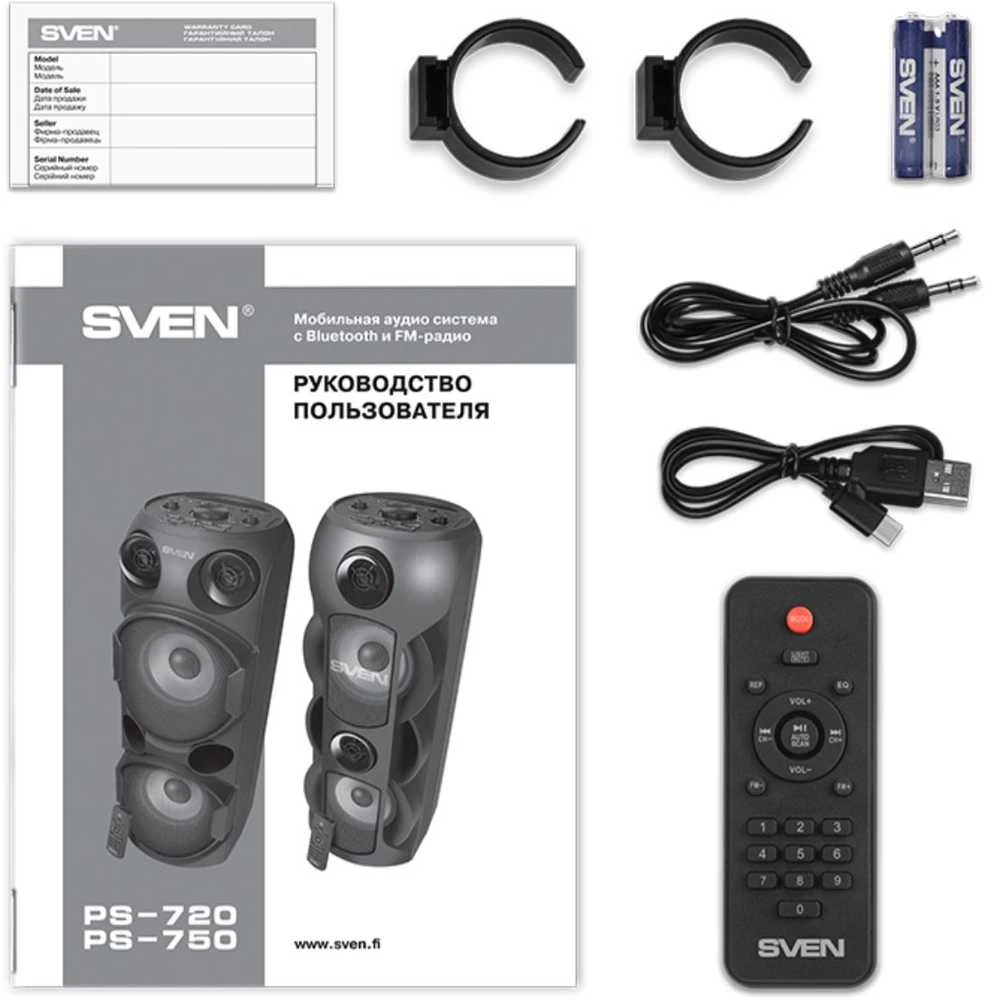 SVEN PS-750 2x40W; LED ekranai; TWS; FM radijas; AUX; USB/SD kortelės palaikymas;Apšvietimas; Mikrofono įvestis (karaoke); Nuotolinio valdymo pultas; Integruotas ekvalaizeris