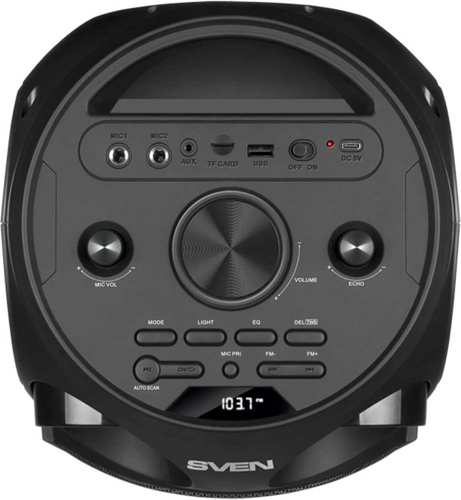 SVEN PS-750 2x40W; LED ekranai; TWS; FM radijas; AUX; USB/SD kortelės palaikymas;Apšvietimas; Mikrofono įvestis (karaoke); Nuotolinio valdymo pultas; Integruotas ekvalaizeris