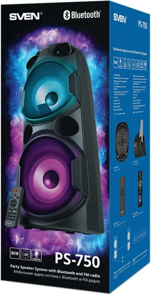 SVEN PS-750 2x40W; LED ekranai; TWS; FM radijas; AUX; USB/SD kortelės palaikymas;Apšvietimas; Mikrofono įvestis (karaoke); Nuotolinio valdymo pultas; Integruotas ekvalaizeris