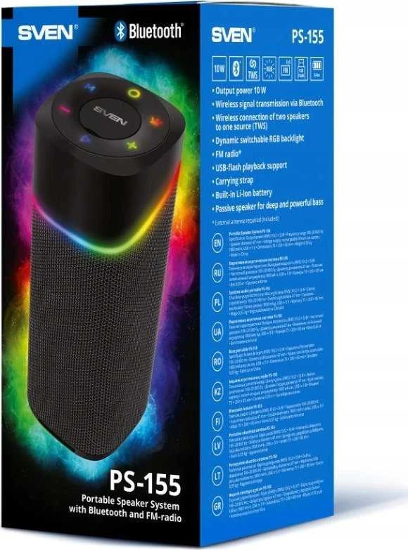 2.0 nešiojama kolonėlė SVEN PS-155, juodas, galia 2x5 W (RMS), TWS, Bluetooth, FM, USB, ličio baterija