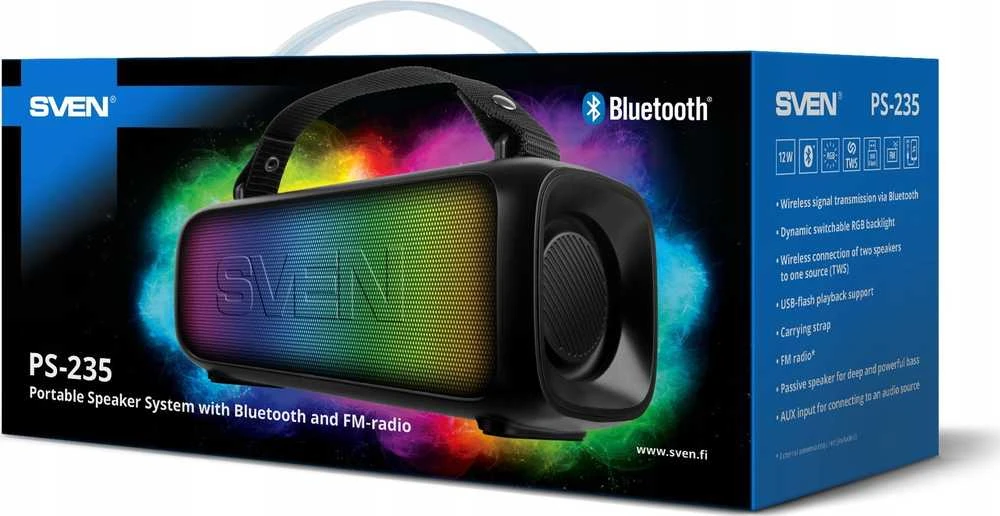 Garsiakalbis 2.0 nešiojamas SVEN PS-235, juodas (12W, TWS, ), galia 2x6W (RMS), Bluetooth, FM, USB, ličio 1500mA*h