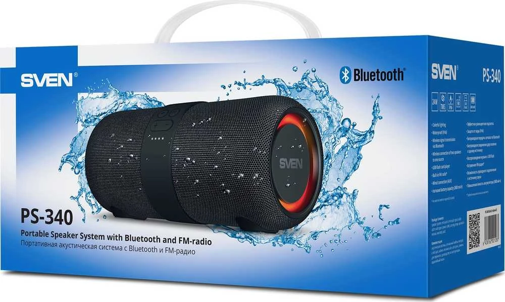 Speaker SVEN PS-340, juodas (24W, Atsparus vandeniui (IPx6), TWS, Bluetooth, FM, USB, 3600mA*h)