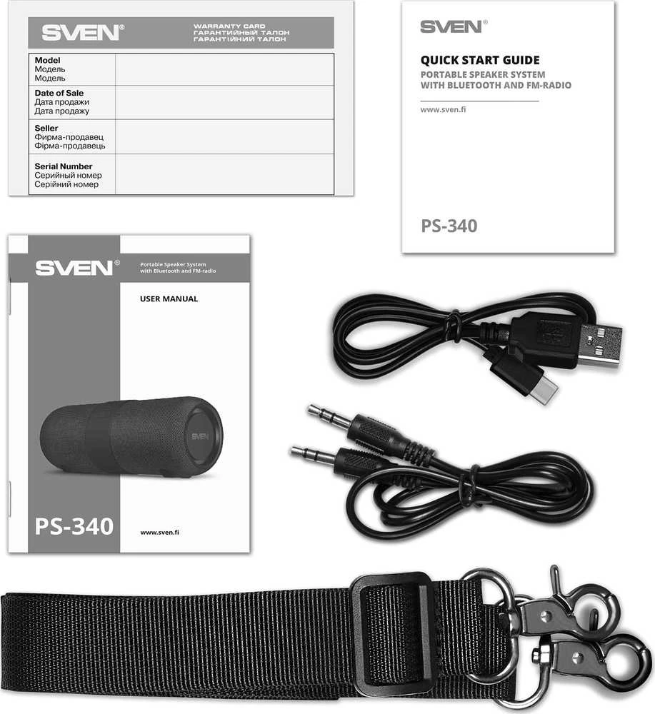Speaker SVEN PS-340, juodas (24W, Atsparus vandeniui (IPx6), TWS, Bluetooth, FM, USB, 3600mA*h)