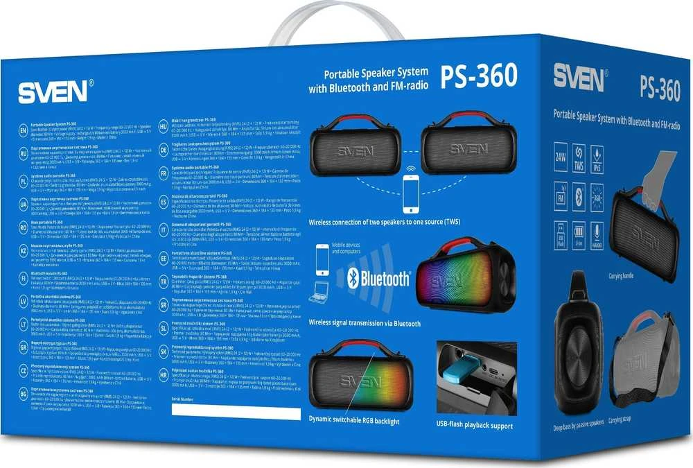 Garsiakalbiai SVEN PS-360, 24W atsparūs vandeniui, Bluetooth (juoda)