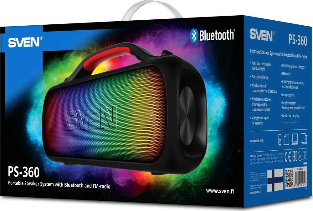 Garsiakalbiai SVEN PS-360, 24W atsparūs vandeniui, Bluetooth (juoda)