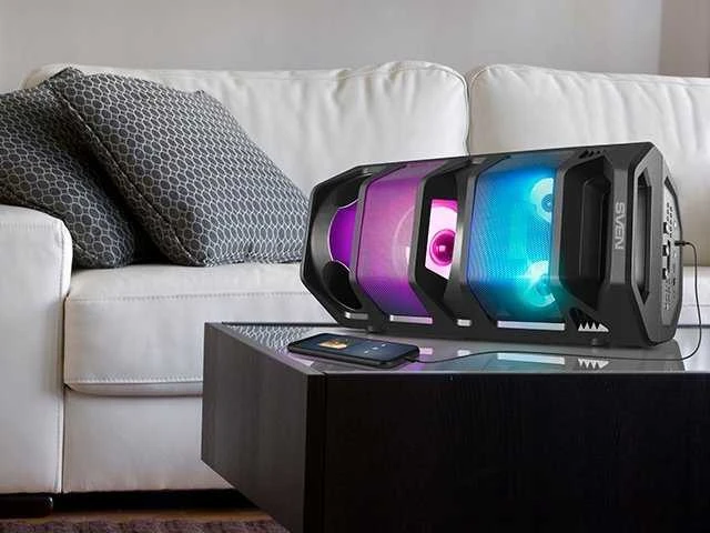 2.0 nešiojama kolonėlė SVEN PS-670, juodas, galia 2x32.5W (RMS), TWS, Bluetooth, FM, USB, Micro SD, LED ekranas, nuotolinio valdymo pultas, ličio baterija