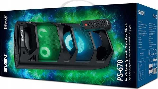 2.0 nešiojama kolonėlė SVEN PS-670, juodas, galia 2x32.5W (RMS), TWS, Bluetooth, FM, USB, Micro SD, LED ekranas, nuotolinio valdymo pultas, ličio baterija