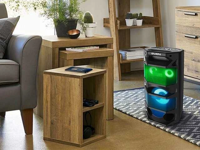 2.0 nešiojama kolonėlė SVEN PS-670, juodas, galia 2x32.5W (RMS), TWS, Bluetooth, FM, USB, Micro SD, LED ekranas, nuotolinio valdymo pultas, ličio baterija