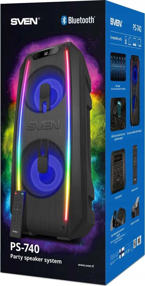 Garsiakalbis SVEN PS-740, juodas (100W, TWS, Bluetooth, FM, USB, Micro SD, LED ekranas, 4400mA*h)