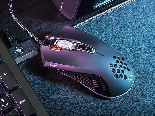 Pelė SVEN RX-G850 iki 6400 DPI; Soft Touch; Metalinis dugnas; Pintas kabelis; Žaidimų programinė įranga; 3 papildomi mygtukai; Apšvietimas; Dukart spustelėkite mygtuką; Dpi jungiklio mygtukas