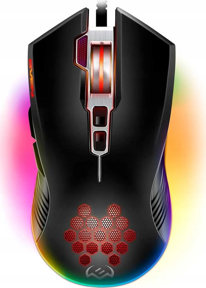 Pelė SVEN RX-G850 iki 6400 DPI; Soft Touch; Metalinis dugnas; Pintas kabelis; Žaidimų programinė įranga; 3 papildomi mygtukai; Apšvietimas; Dukart spustelėkite mygtuką; Dpi jungiklio mygtukas