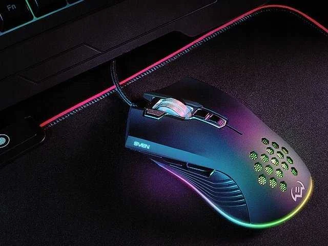 Pelė SVEN RX-G850 iki 6400 DPI; Soft Touch; Metalinis dugnas; Pintas kabelis; Žaidimų programinė įranga; 3 papildomi mygtukai; Apšvietimas; Dukart spustelėkite mygtuką; Dpi jungiklio mygtukas