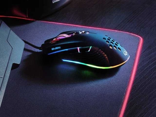Pelė SVEN RX-G850 iki 6400 DPI; Soft Touch; Metalinis dugnas; Pintas kabelis; Žaidimų programinė įranga; 3 papildomi mygtukai; Apšvietimas; Dukart spustelėkite mygtuką; Dpi jungiklio mygtukas