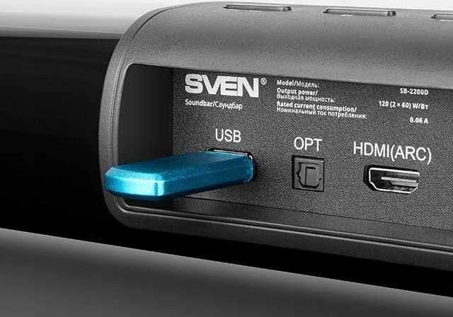 Namų kino sistema Sven garso juosta SB-2200D, juoda (300 W, „DolbyDigital“, „Bluetooth“, HDMI, nuotolinio valdymo pultas, optinis, USB, ekranas, belaidis žemųjų dažnių garsiakalbis)