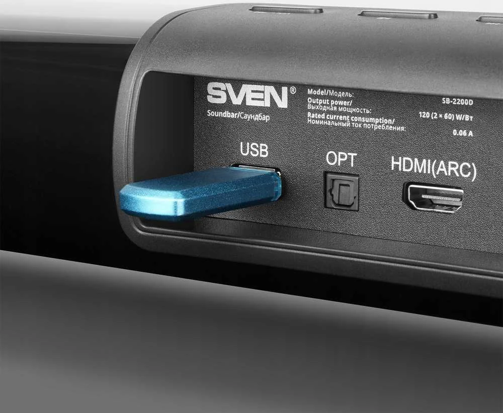 Namų kino sistema Sven garso juosta SB-2200D, juoda (300 W, „DolbyDigital“, „Bluetooth“, HDMI, nuotolinio valdymo pultas, optinis, USB, ekranas, belaidis žemųjų dažnių garsiakalbis)