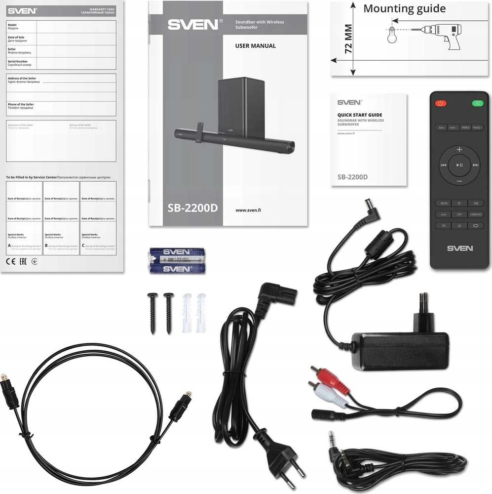 Namų kino sistema Sven garso juosta SB-2200D, juoda (300 W, „DolbyDigital“, „Bluetooth“, HDMI, nuotolinio valdymo pultas, optinis, USB, ekranas, belaidis žemųjų dažnių garsiakalbis)