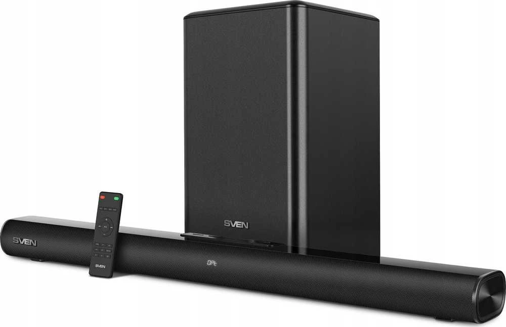 Namų kino sistema Sven garso juosta SB-2200D, juoda (300 W, „DolbyDigital“, „Bluetooth“, HDMI, nuotolinio valdymo pultas, optinis, USB, ekranas, belaidis žemųjų dažnių garsiakalbis)