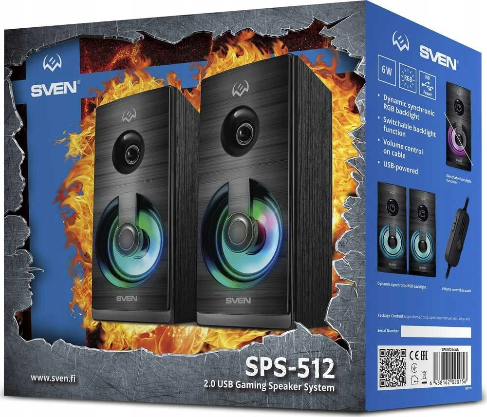 Kompiuterio kolonėlės SVEN SPS-512, juodas, USB, galia 2x3W (RMS), foninis apšvietimas, SV-020156