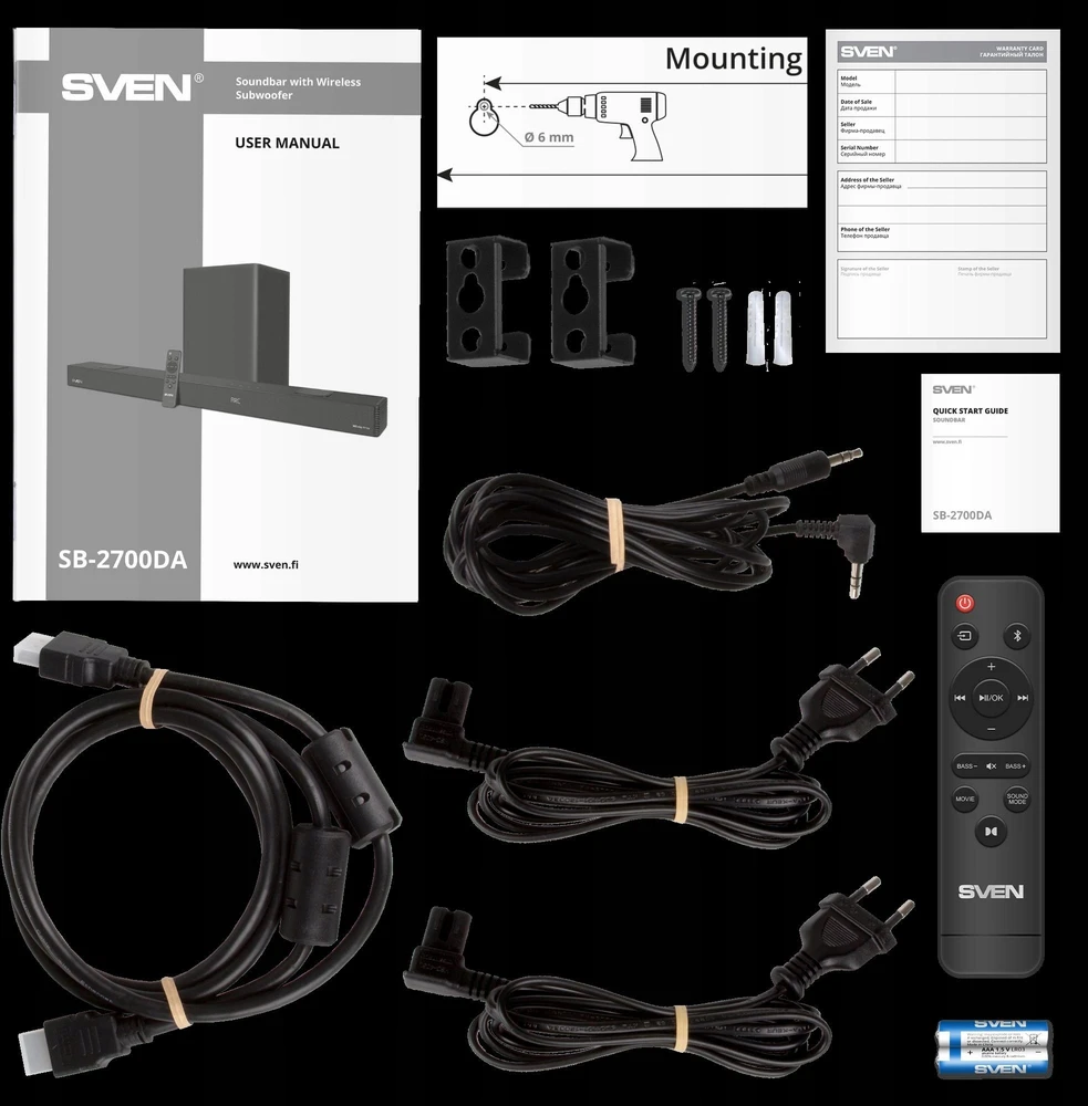 Sven SVEN SB-2700DA garsiakalbis – garso juosta (450 W, „Dolby Atmos“, „Bluetooth“, HDMI, nuotolinio valdymo pultas, optinė įvestis, USB, ekranas, belaidis žemųjų dažnių garsiakalbis)