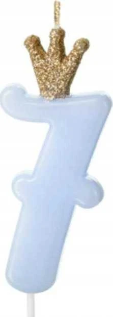 PartyDeco Žvakutė Skaičius su karūna, žydra 9,5cm, Skaičius: 7