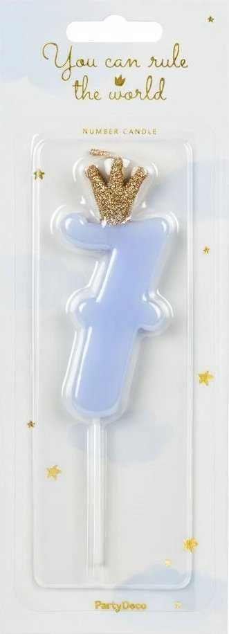 PartyDeco Žvakutė Skaičius su karūna, žydra 9,5cm, Skaičius: 7