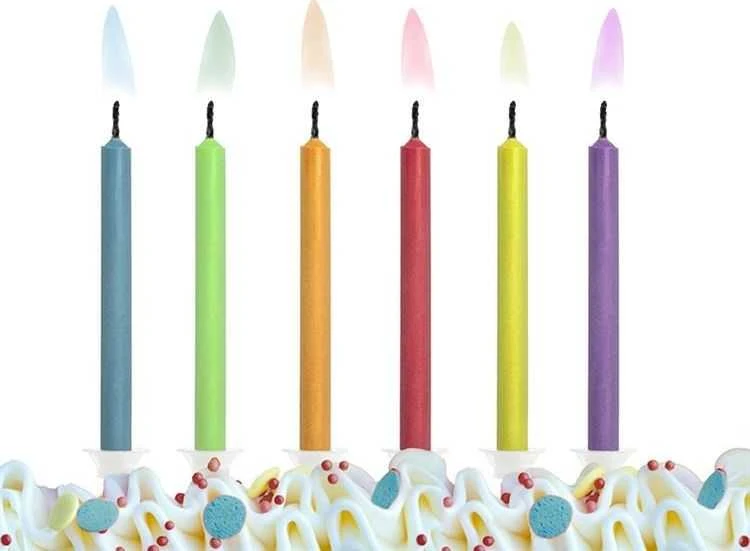 Party Deco Gimtadienio žvakutės spalvotos su spalvota liepsnele 6 vnt
