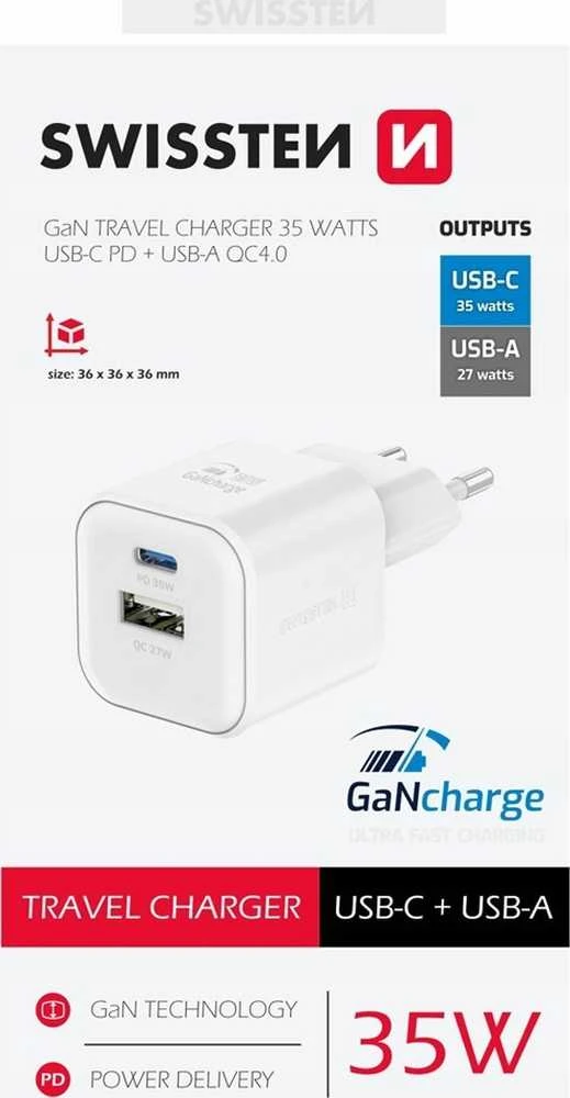 Swissten GaN įkroviklis su dviguba USB-C ir USB-A jungtimi