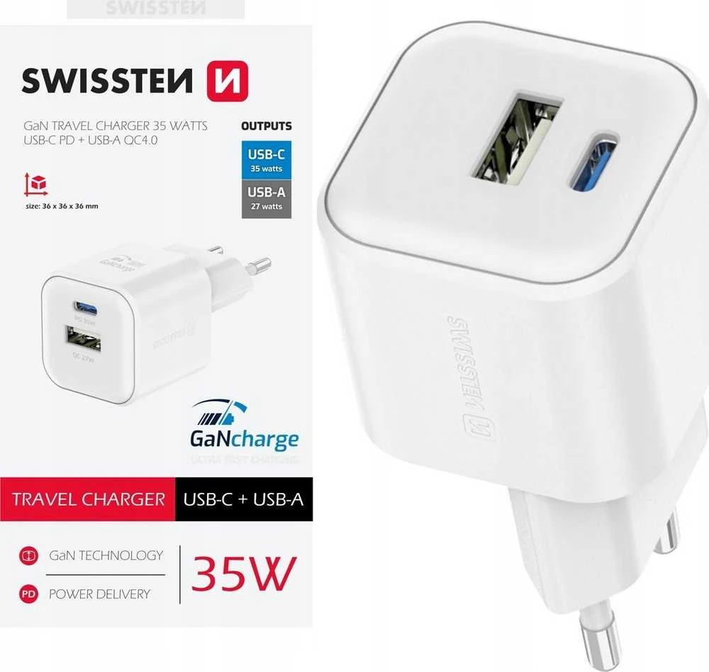 Swissten GaN įkroviklis su USB-C ir USB-A jungtimis