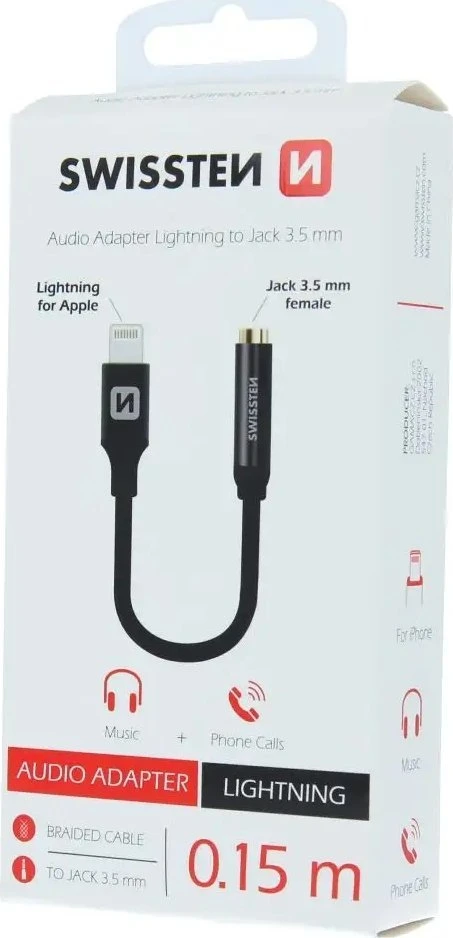 Swissten Audio adapter textile Lightning /jack 0,15 m juodas